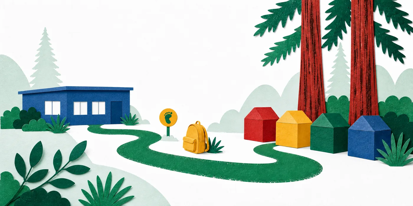 Cut-paper green path from a small elementary school past a backpack to four classroom blocks beneath redwoods