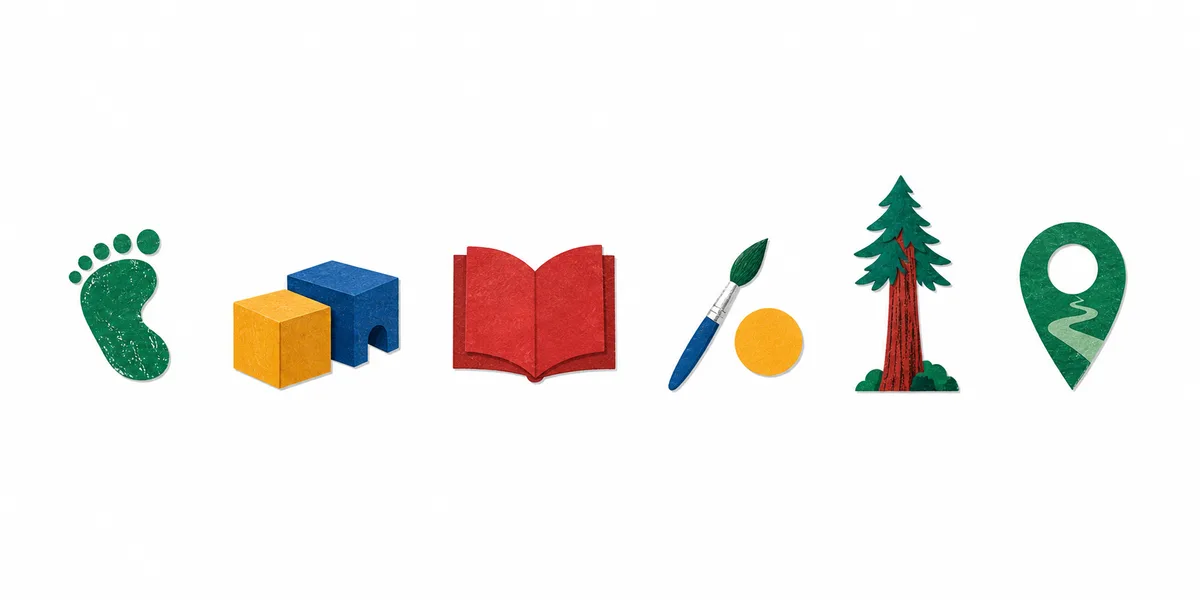 Cut-paper footprint, blocks, book, paintbrush, redwood, and map marker
