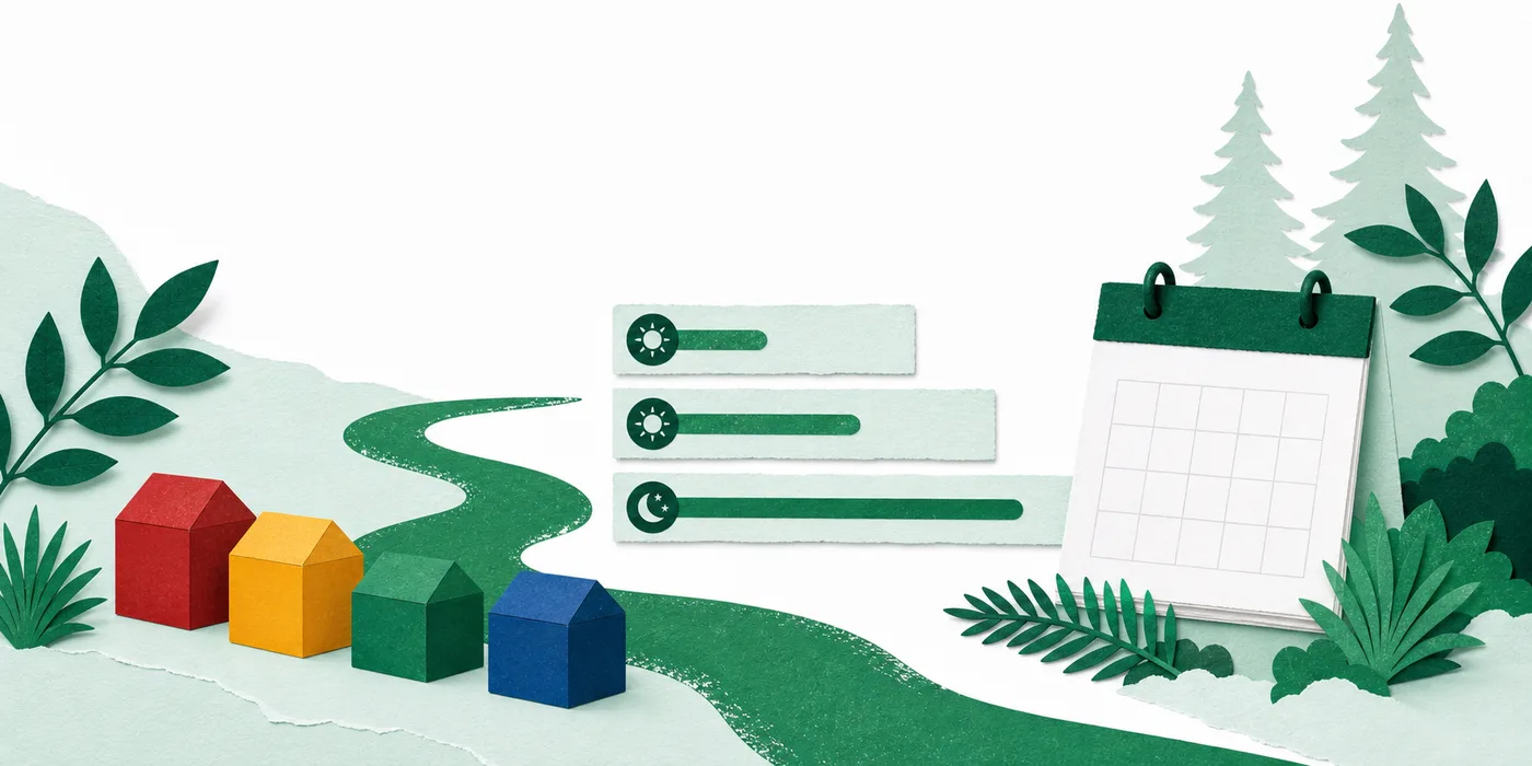 Cut-paper classroom blocks, three day-length strips, a calendar, and a green path