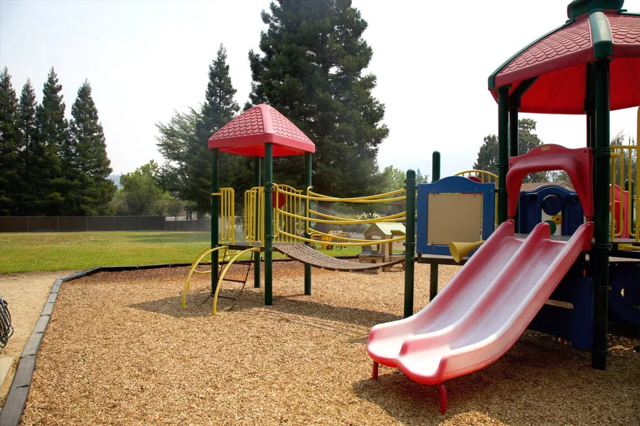 The smaller play structure and slide on the bark chip yard, with a line of tall redwoods behind it.
